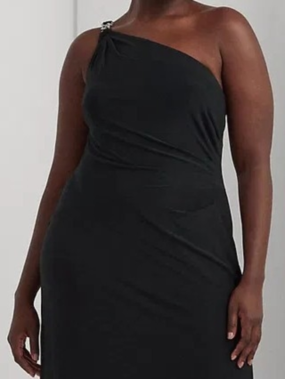 Lauren Ralph Lauren Black One-Shoulder Jersey Dress 18 Rhinestone Formal Stretch